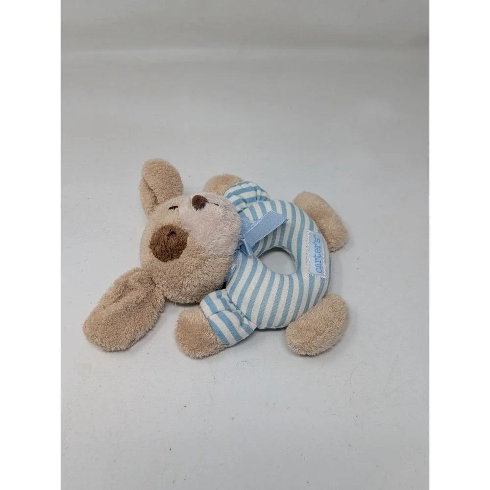 Carters Just One Year Baby Rattle Plush Puppy‎ Dog Blue Stripe Ring Prestige Toy